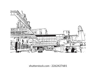 Building view with landmark of Portsmouth is the 
city in New Hampshire. Hand drawn sketch illustration in vector.