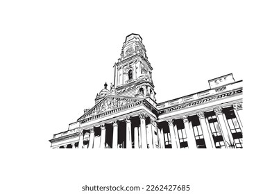 Building view with landmark of Portsmouth is the 
city in New Hampshire. Hand drawn sketch illustration in vector.