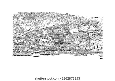 Building view with landmark of Positano is the 
village in Italy. Hand drawn sketch illustration in vector.