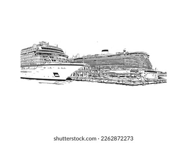 Building view with landmark of Positano is the 
village in Italy. Hand drawn sketch illustration in vector.