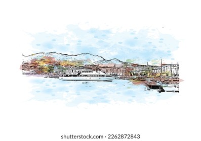 Building view with landmark of Positano is the 
village in Italy. Watercolor splash with hand drawn sketch illustration in vector.