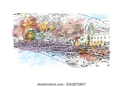 Building view with landmark of Positano is the 
village in Italy. Watercolor splash with hand drawn sketch illustration in vector.