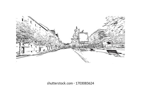 Building view with landmark of Potsdam is a city on the border of Berlin, Germany. Hand drawn sketch illustration in vector.