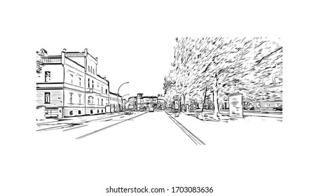 Building view with landmark of Potsdam is a city on the border of Berlin, Germany. Hand drawn sketch illustration in vector.