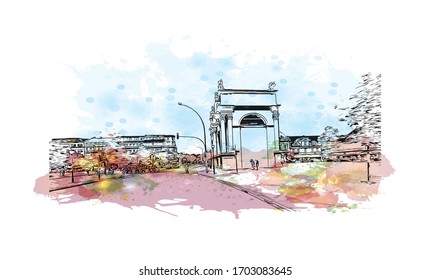 Building view with landmark of Potsdam is a city on the border of Berlin, Germany. Watercolor splash with Hand drawn sketch illustration in vector.