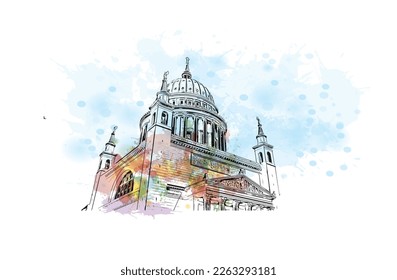 Building view with landmark of Potsdam is the 
city in Germany. Watercolor splash with hand drawn sketch illustration in vector.