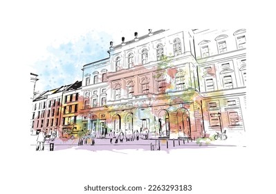 Building view with landmark of Potsdam is the 
city in Germany. Watercolor splash with hand drawn sketch illustration in vector.