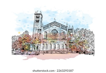 Building view with landmark of Potsdam is the 
city in Germany. Watercolor splash with hand drawn sketch illustration in vector.