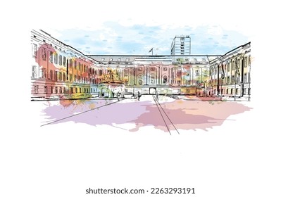 Building view with landmark of Potsdam is the 
city in Germany. Watercolor splash with hand drawn sketch illustration in vector.