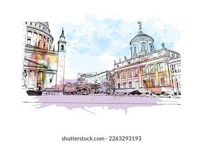 Building view with landmark of Potsdam is the 
city in Germany. Watercolor splash with hand drawn sketch illustration in vector.