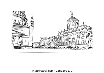 Building view with landmark of Potsdam is the 
city in Germany. Hand drawn sketch illustration in vector.