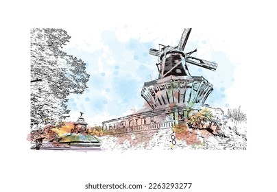 Building view with landmark of Potsdam is the 
city in Germany. Watercolor splash with hand drawn sketch illustration in vector.