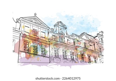 Building view with landmark of Poznan is the
city in Poland.Watercolor splash with hand drawn sketch illustration in vector.