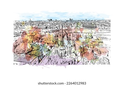 Building view with landmark of Poznan is the
city in Poland.Watercolor splash with hand drawn sketch illustration in vector.