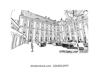 Building view with landmark of Poznan is the
city in Poland. Hand drawn sketch illustration in vector.