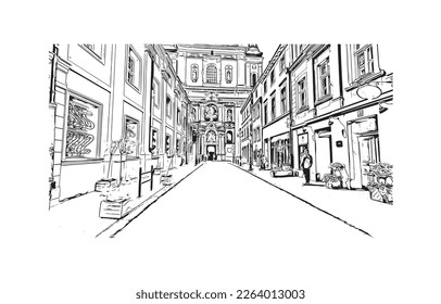 Building view with landmark of Poznan is the
city in Poland. Hand drawn sketch illustration in vector.