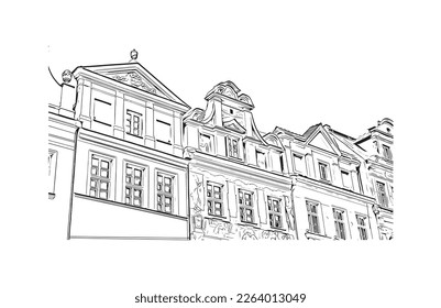 Building view with landmark of Poznan is the
city in Poland. Hand drawn sketch illustration in vector.