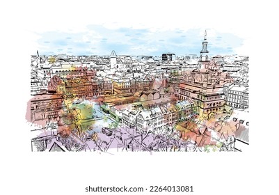 Building view with landmark of Poznan is the
city in Poland.Watercolor splash with hand drawn sketch illustration in vector.