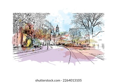 Building view with landmark of Poznan is the
city in Poland.Watercolor splash with hand drawn sketch illustration in vector.