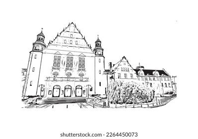 Building view with landmark of Poznan is the
city in Poland.Watercolor splash with hand drawn sketch illustration in vector.