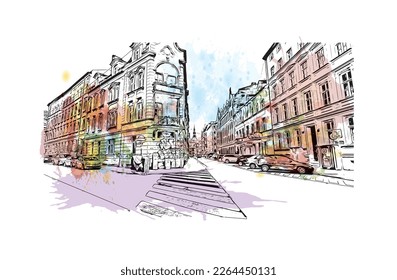Building view with landmark of Poznan is the
city in Poland.Watercolor splash with hand drawn sketch illustration in vector.