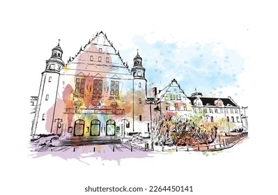 Building view with landmark of Poznan is the
city in Poland.Watercolor splash with hand drawn sketch illustration in vector.