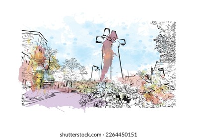 Building view with landmark of Poznan is the
city in Poland.Watercolor splash with hand drawn sketch illustration in vector.