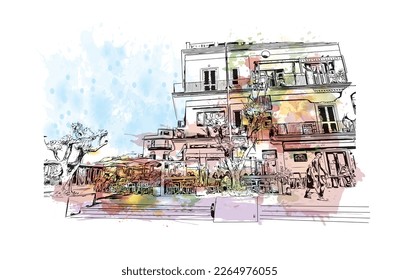Building view with landmark of Pozzuoli is the 
city in Italy. Watercolor splash with hand drawn sketch illustration in vector.