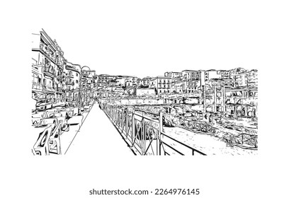 Building view with landmark of Pozzuoli is the 
city in Italy. Hand drawn sketch illustration in vector.