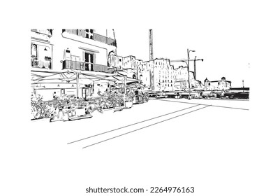 Building view with landmark of Pozzuoli is the 
city in Italy. Hand drawn sketch illustration in vector.