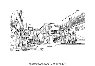 Building view with landmark of Pozzuoli is the 
city in Italy. Hand drawn sketch illustration in vector.