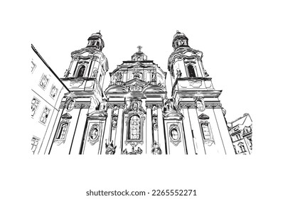 Building view with landmark of Prague is the 
capital of the Czech Republic. Hand drawn sketch illustration in vector.