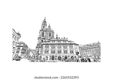 Building view with landmark of Prague is the 
capital of the Czech Republic. Hand drawn sketch illustration in vector.