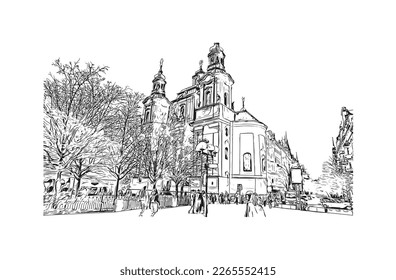 Building view with landmark of Prague is the 
capital of the Czech Republic. Hand drawn sketch illustration in vector.