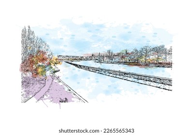 Building view with landmark of Prague is the 
capital of the Czech Republic. Watercolor splash with hand drawn sketch illustration in vector.