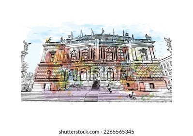 Building view with landmark of Prague is the 
capital of the Czech Republic. Watercolor splash with hand drawn sketch illustration in vector.