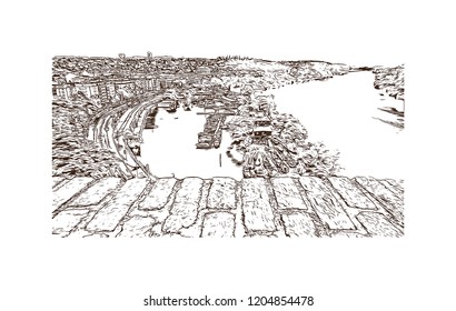 Building view with landmark of Prague (Praha), capital city of the Czech Republic, is bisected by the Vltava River. Hand drawn sketch illustration in vector.