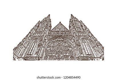 Building view with landmark of Prague (Praha), capital city of the Czech Republic, is bisected by the Vltava River. Hand drawn sketch illustration in vector.