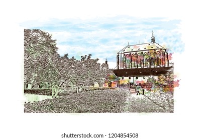 Building view with landmark of Prague (Praha), capital city of the Czech Republic, is bisected by the Vltava River. Watercolor splash with Hand drawn sketch illustration in vector.