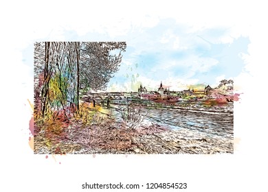 Building view with landmark of Prague (Praha), capital city of the Czech Republic, is bisected by the Vltava River. Watercolor splash with Hand drawn sketch illustration in vector.
