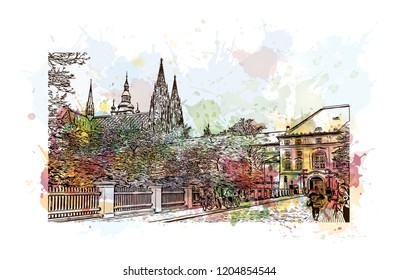 Building view with landmark of Prague (Praha), capital city of the Czech Republic, is bisected by the Vltava River. Watercolor splash with Hand drawn sketch illustration in vector.