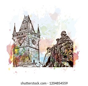 Building view with landmark of Prague (Praha), capital city of the Czech Republic, is bisected by the Vltava River. Watercolor splash with Hand drawn sketch illustration in vector.