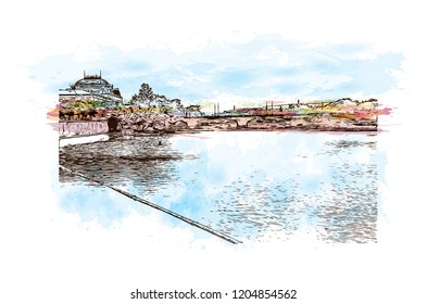Building view with landmark of Prague (Praha), capital city of the Czech Republic, is bisected by the Vltava River. Watercolor splash with Hand drawn sketch illustration in vector.