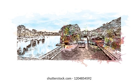 Building view with landmark of Prague (Praha), capital city of the Czech Republic, is bisected by the Vltava River. Watercolor splash with Hand drawn sketch illustration in vector.
