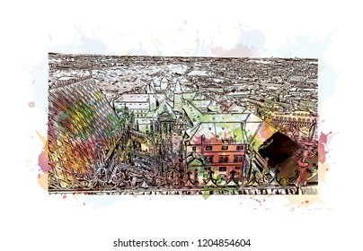 Building view with landmark of Prague (Praha), capital city of the Czech Republic, is bisected by the Vltava River. Watercolor splash with Hand drawn sketch illustration in vector.