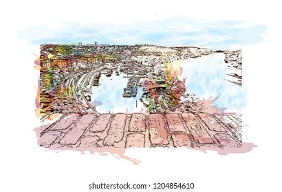Building view with landmark of Prague (Praha), capital city of the Czech Republic, is bisected by the Vltava River. Watercolor splash with Hand drawn sketch illustration in vector.