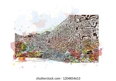 Building view with landmark of Prague (Praha), capital city of the Czech Republic, is bisected by the Vltava River. Watercolor splash with Hand drawn sketch illustration in vector.