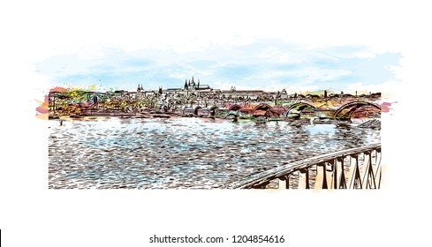 Building view with landmark of Prague (Praha), capital city of the Czech Republic, is bisected by the Vltava River. Watercolor splash with Hand drawn sketch illustration in vector.