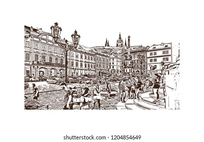 Building view with landmark of Prague (Praha), capital city of the Czech Republic, is bisected by the Vltava River. Hand drawn sketch illustration in vector.