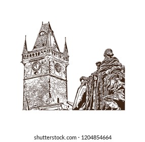 Building view with landmark of Prague (Praha), capital city of the Czech Republic, is bisected by the Vltava River. Hand drawn sketch illustration in vector.